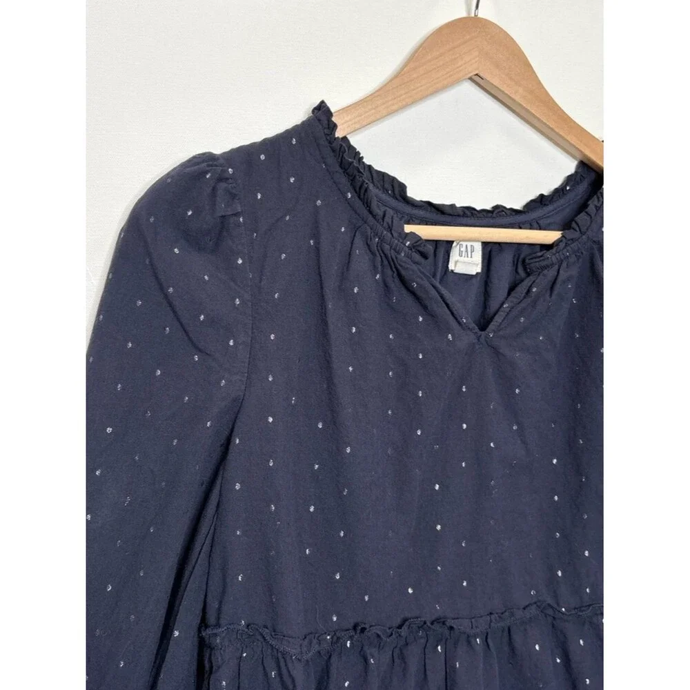 GAP Kids Girls Long Sleeve Tiered Ruffle Dress Size XL 12-13 Navy Metallic Dot